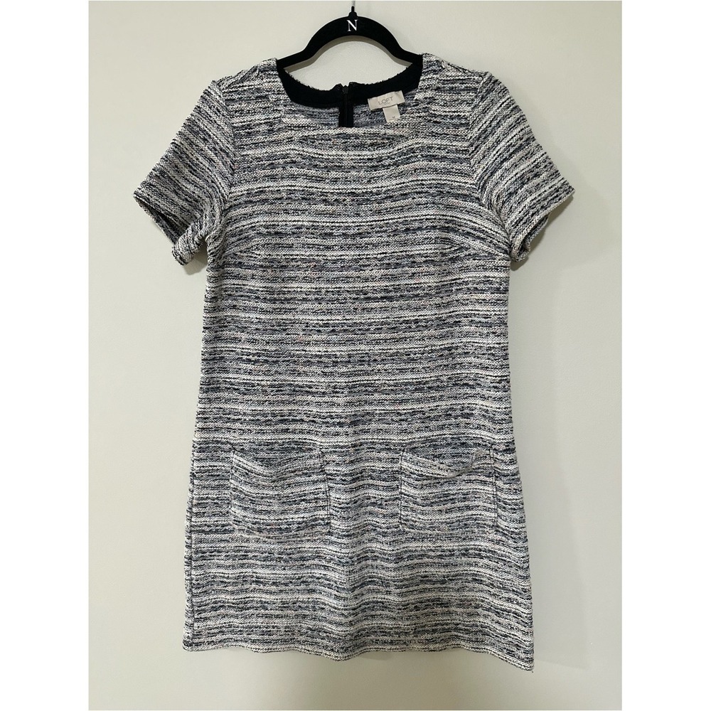 ☀️3/$15☀️ Old Money Quiet Luxury LOFT Shift Dress M Black White Tweed Dark